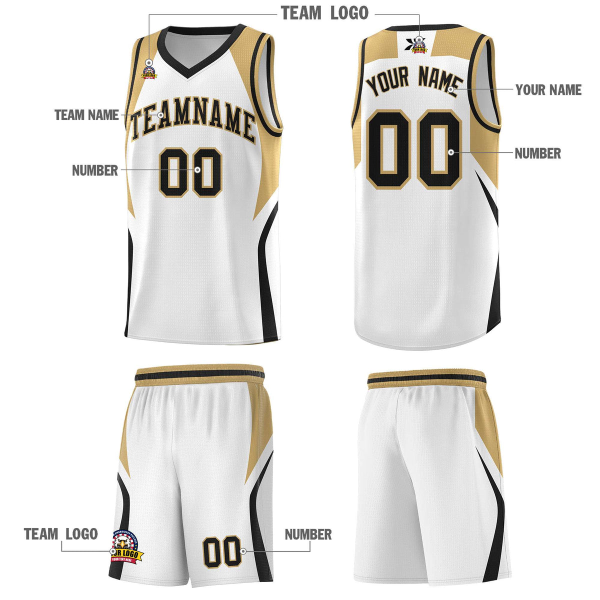 Custom White Old Gold and Black Color Block Sports Uniform Basketball Jersey