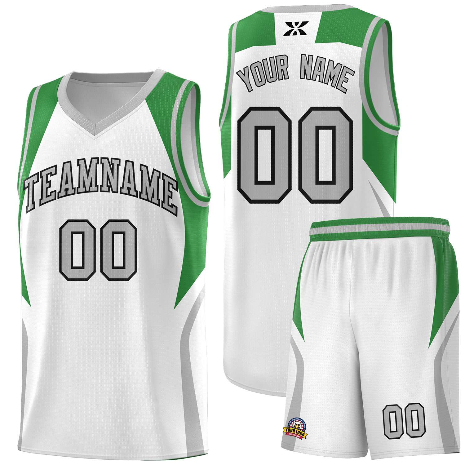Custom White Green and Gray Color Block Sports Uniform Basketball Jersey