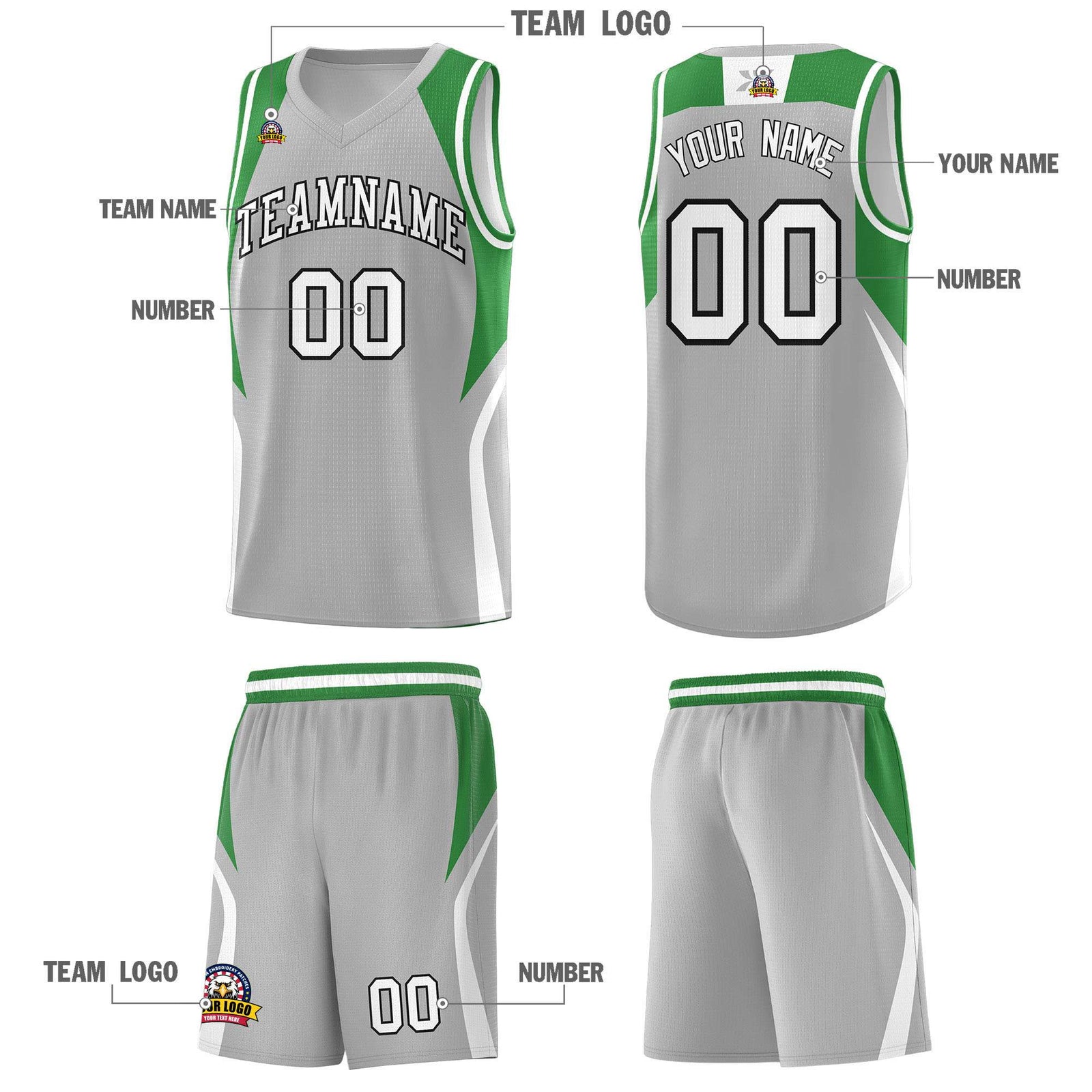 Custom Gray Green and White Color Block Sports Uniform Basketball Jersey