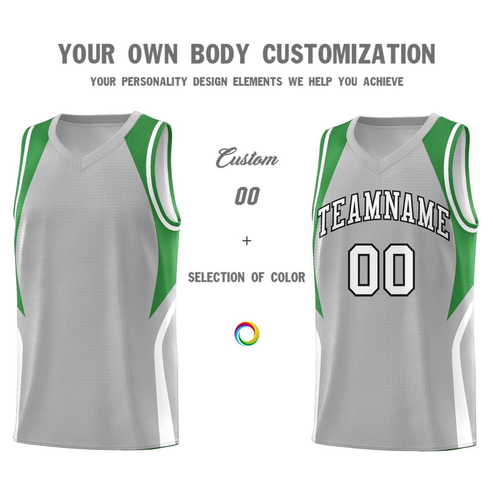 Custom Gray Green and White Color Block Sports Uniform Basketball Jersey