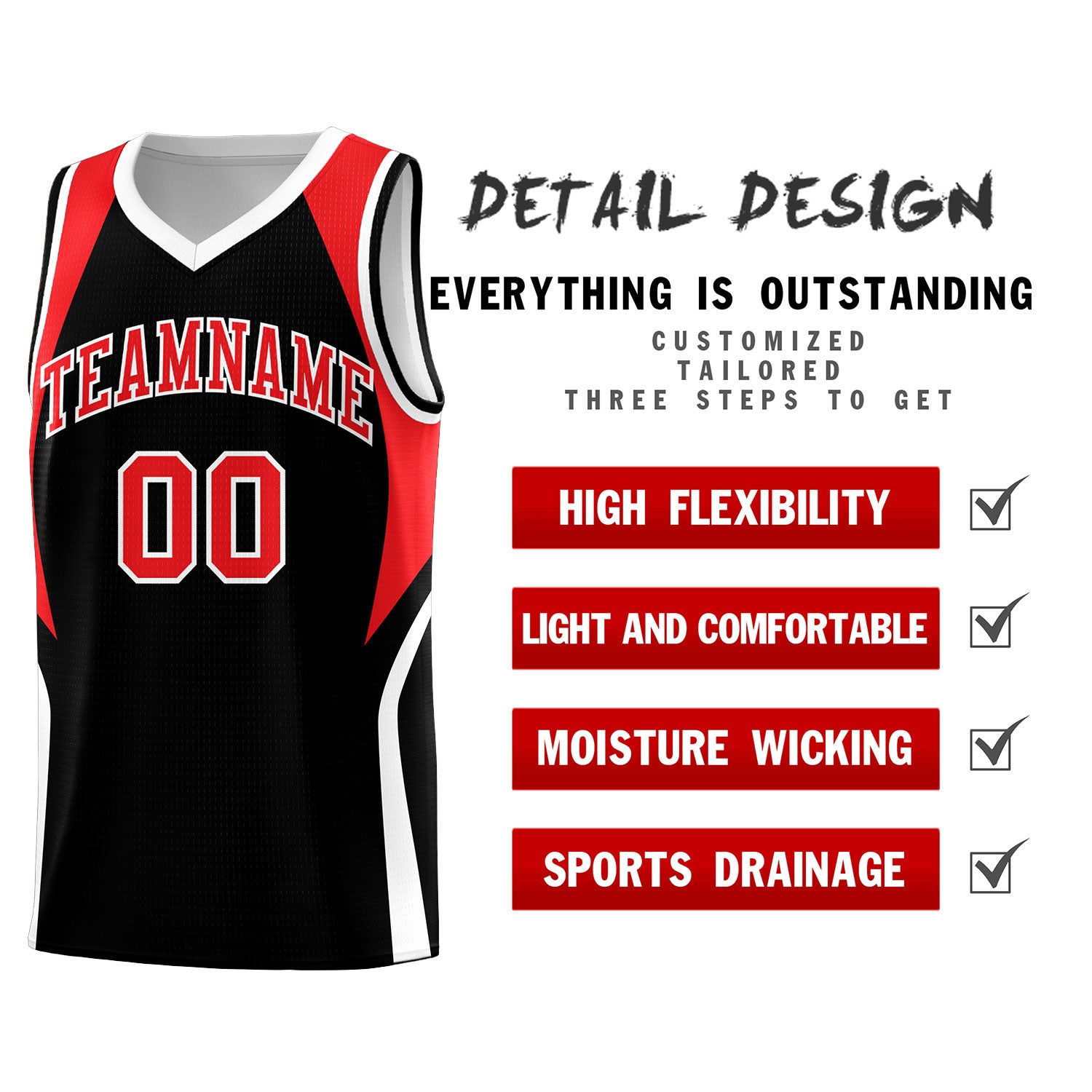 Custom Black Red and White Color Block Sports Uniform Basketball Jersey