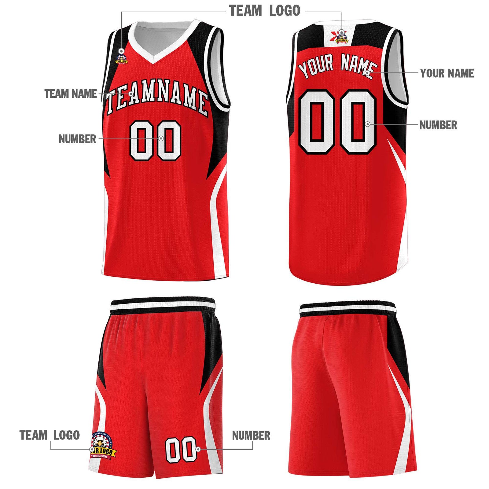 Custom Red Black and White Color Block Sports Uniform Basketball Jersey