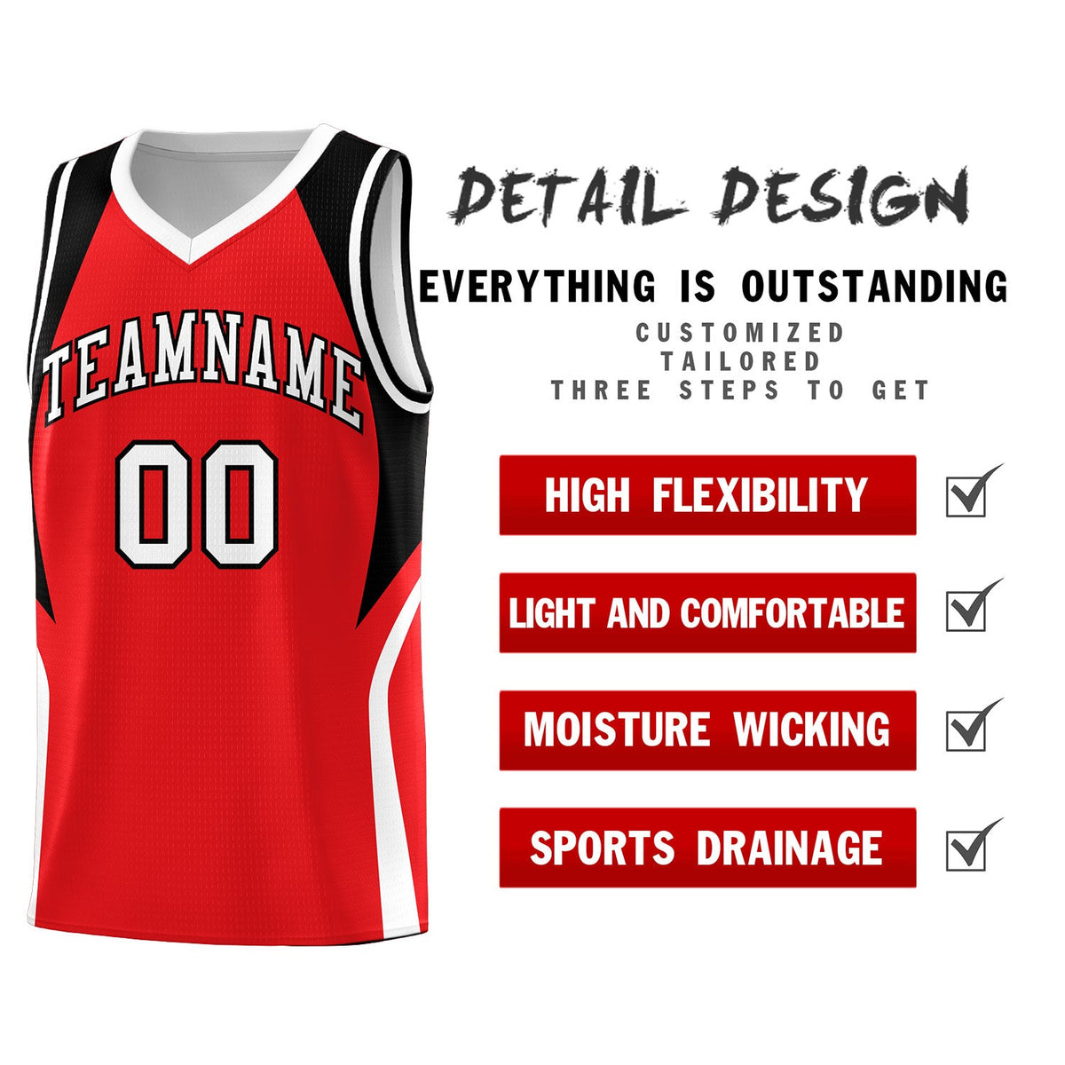 Custom Red Black and White Color Block Sports Uniform Basketball Jersey