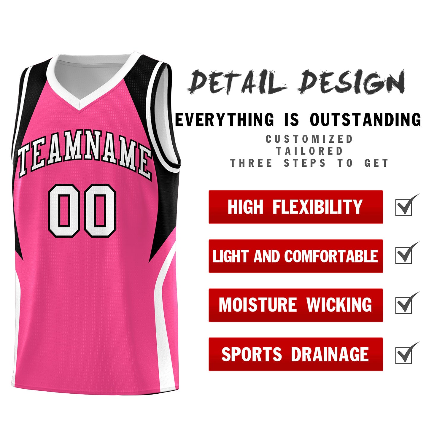 Custom Pink Black and White Color Block Sports Uniform Basketball Jersey