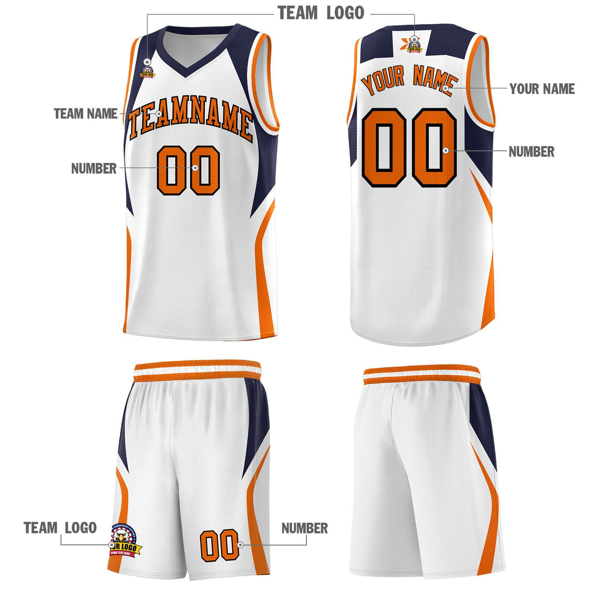 Custom White Navy and Orange Color Block Sports Uniform Basketball Jersey