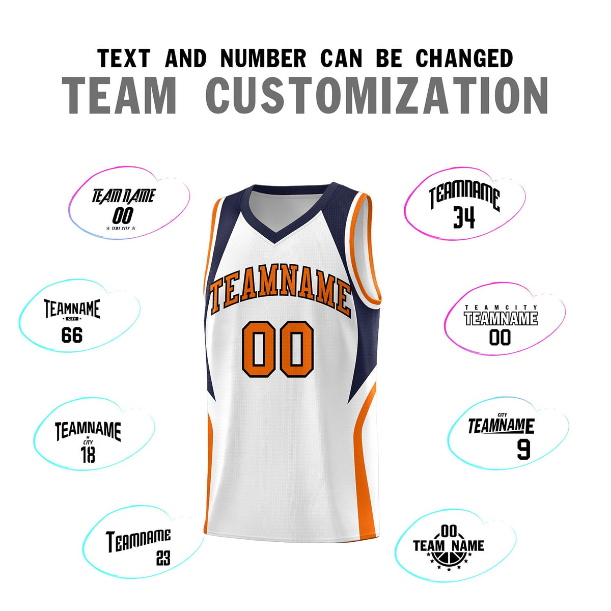 Custom White Navy and Orange Color Block Sports Uniform Basketball Jersey