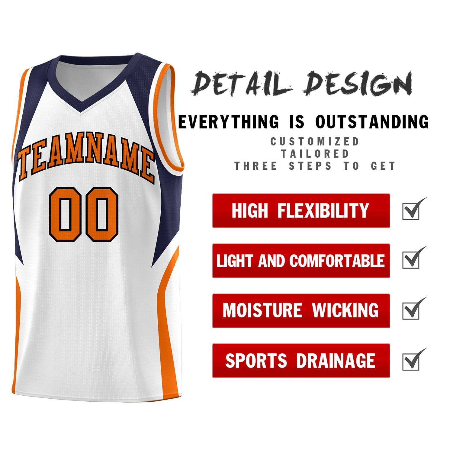 Custom White Navy and Orange Color Block Sports Uniform Basketball Jersey