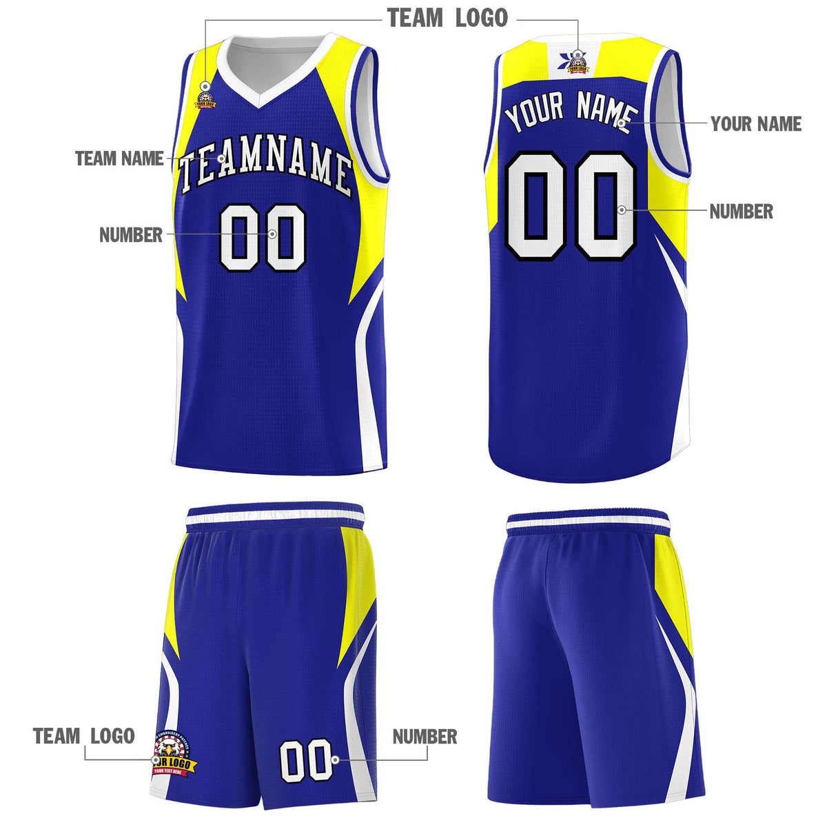 Custom Royal Yellow and White Color Block Sports Uniform Basketball Jersey