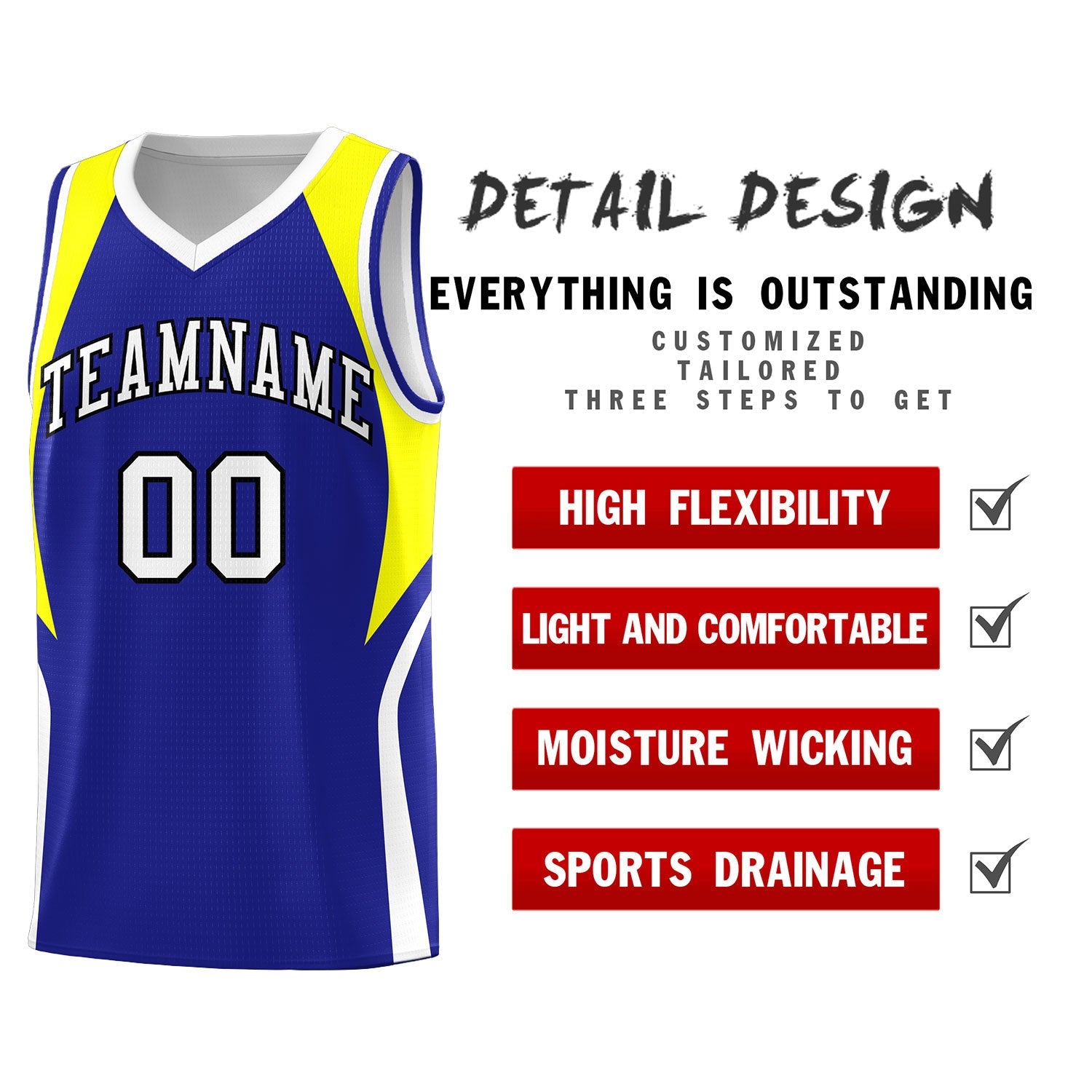 Custom Royal Yellow and White Color Block Sports Uniform Basketball Jersey