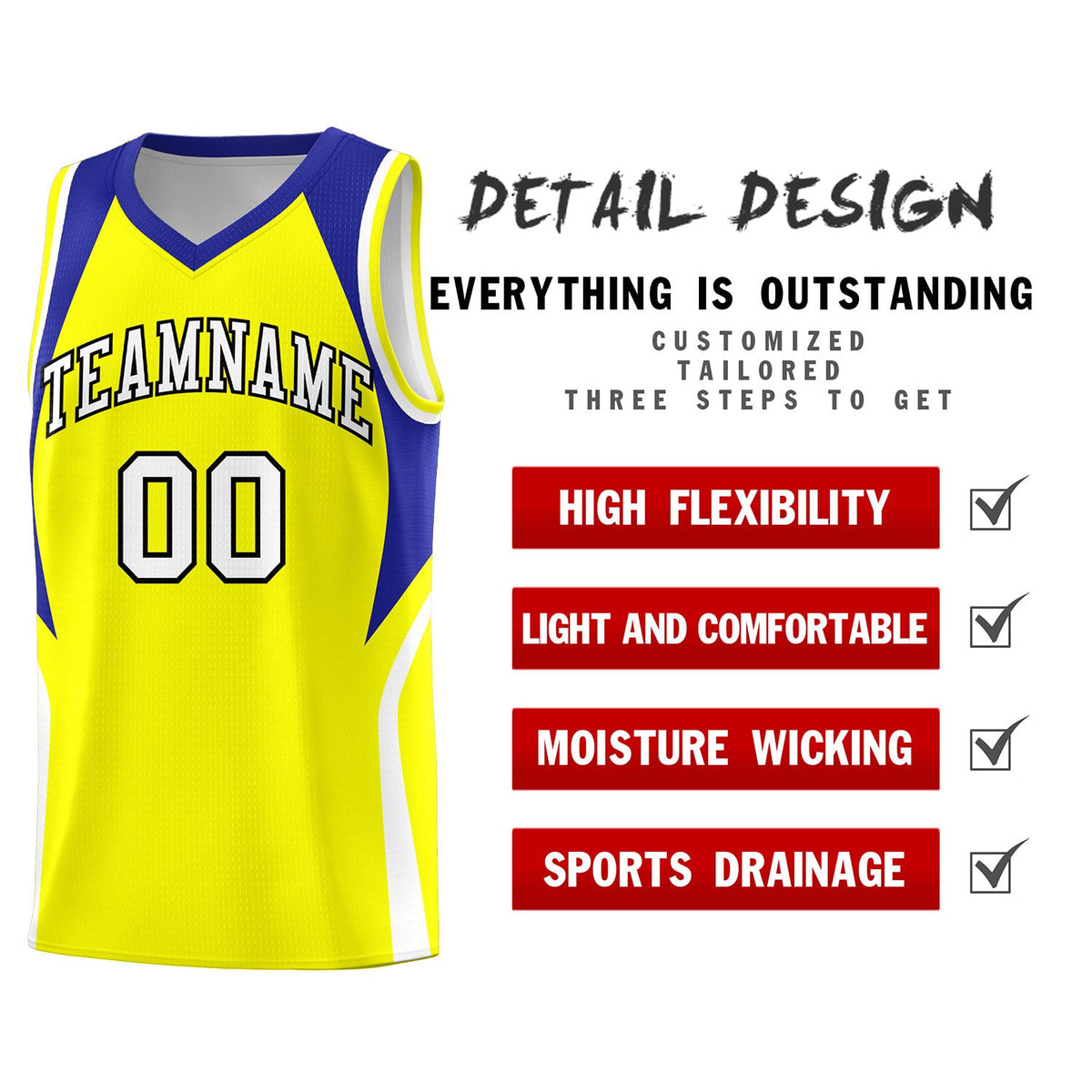 Custom Gold Royal and White Color Block Sports Uniform Basketball Jersey