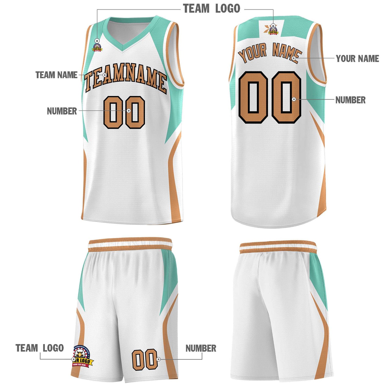 Custom White Blue and Buckskin Brown Color Block Sports Uniform Basketball Jersey