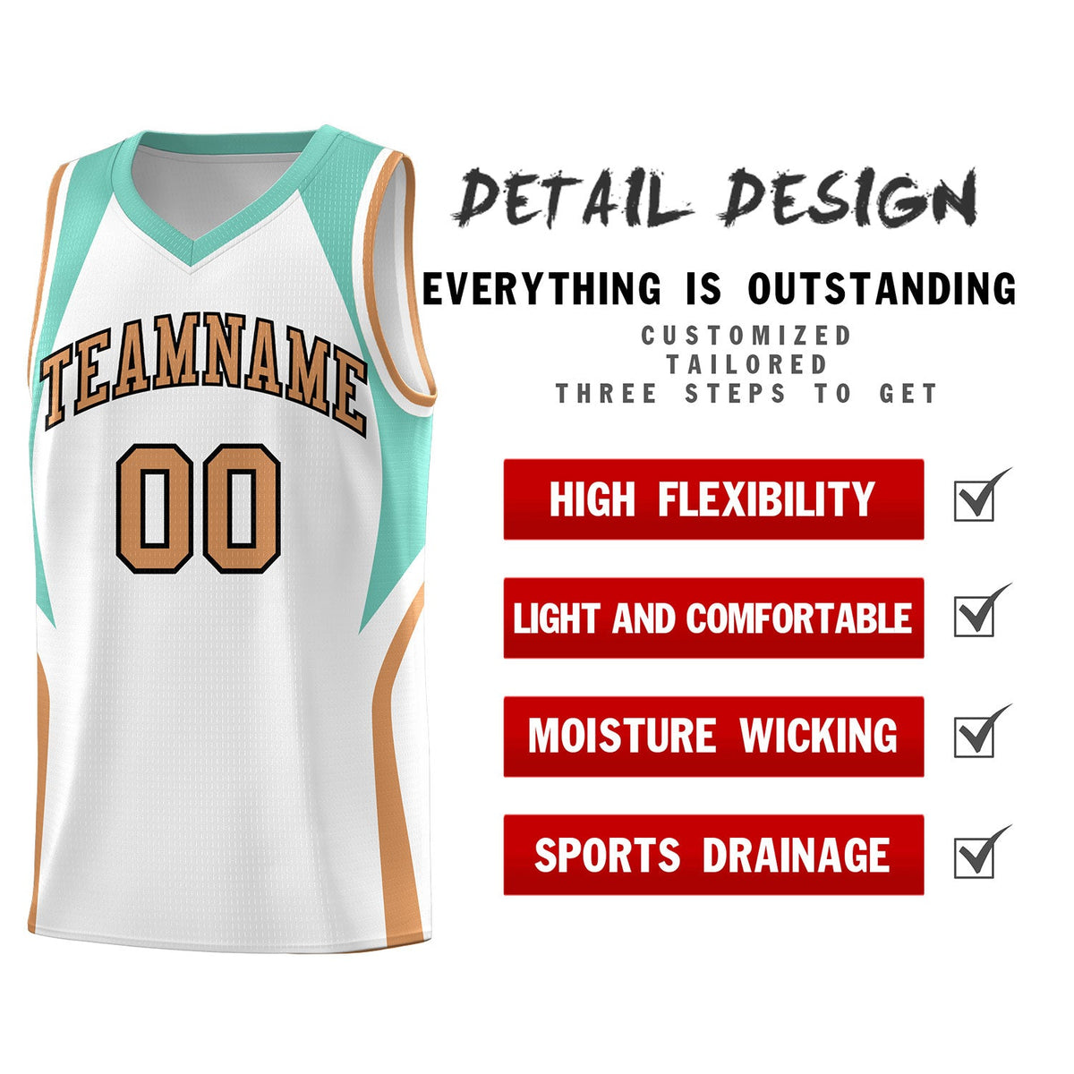 Custom White Blue and Buckskin Brown Color Block Sports Uniform Basketball Jersey