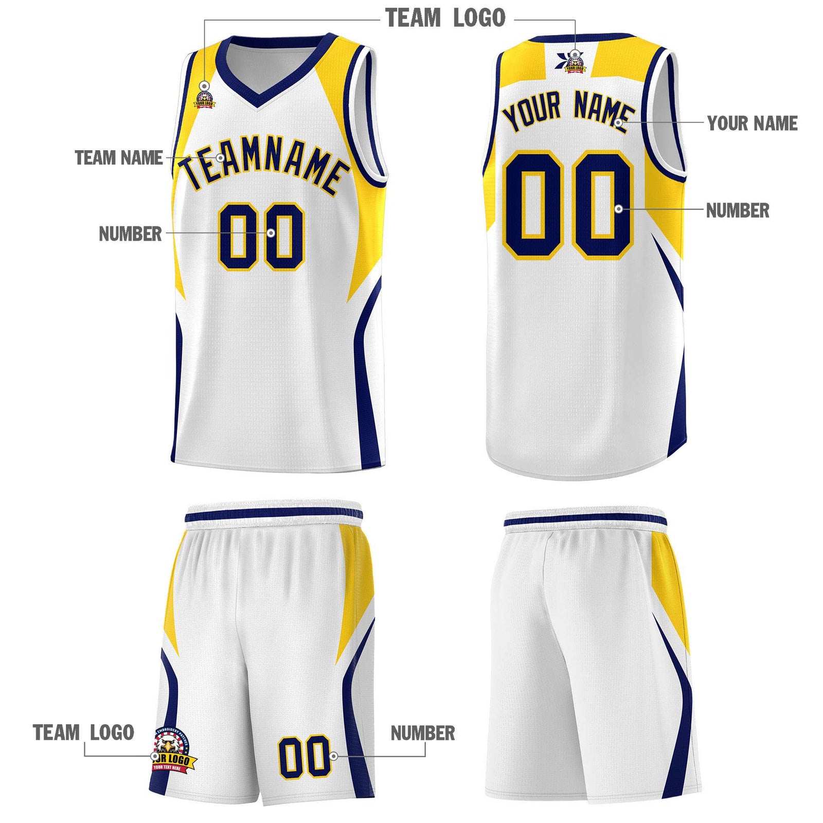 Custom White Navy and Gold Color Block Sports Uniform Basketball Jersey