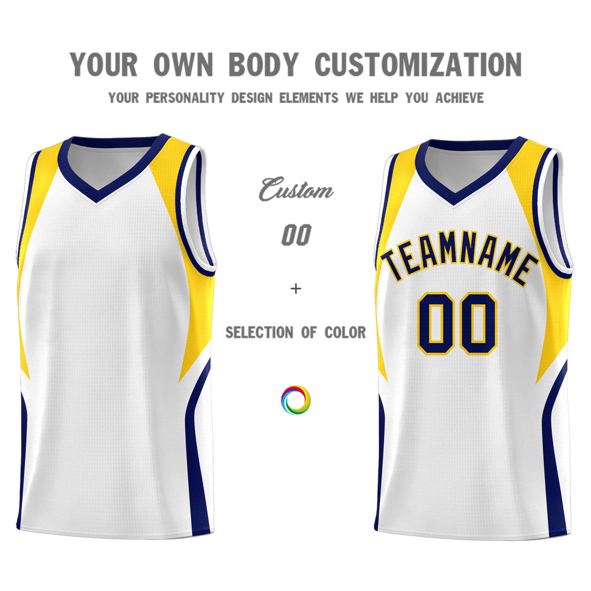 Custom White Navy and Gold Color Block Sports Uniform Basketball Jersey