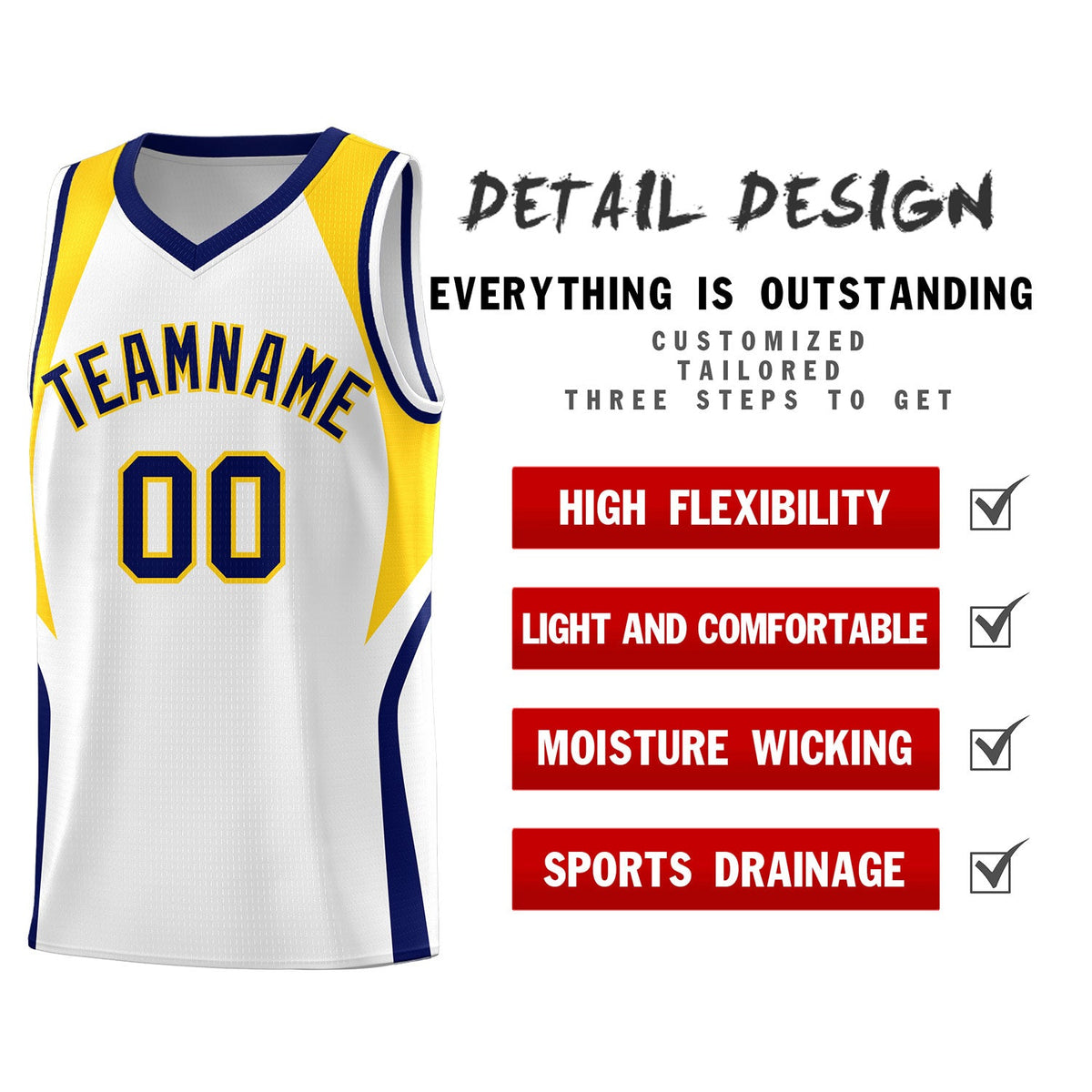 Custom White Navy and Gold Color Block Sports Uniform Basketball Jersey