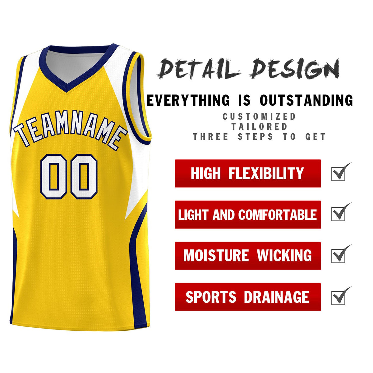 Custom Gold White and Navy Color Block Sports Uniform Basketball Jersey