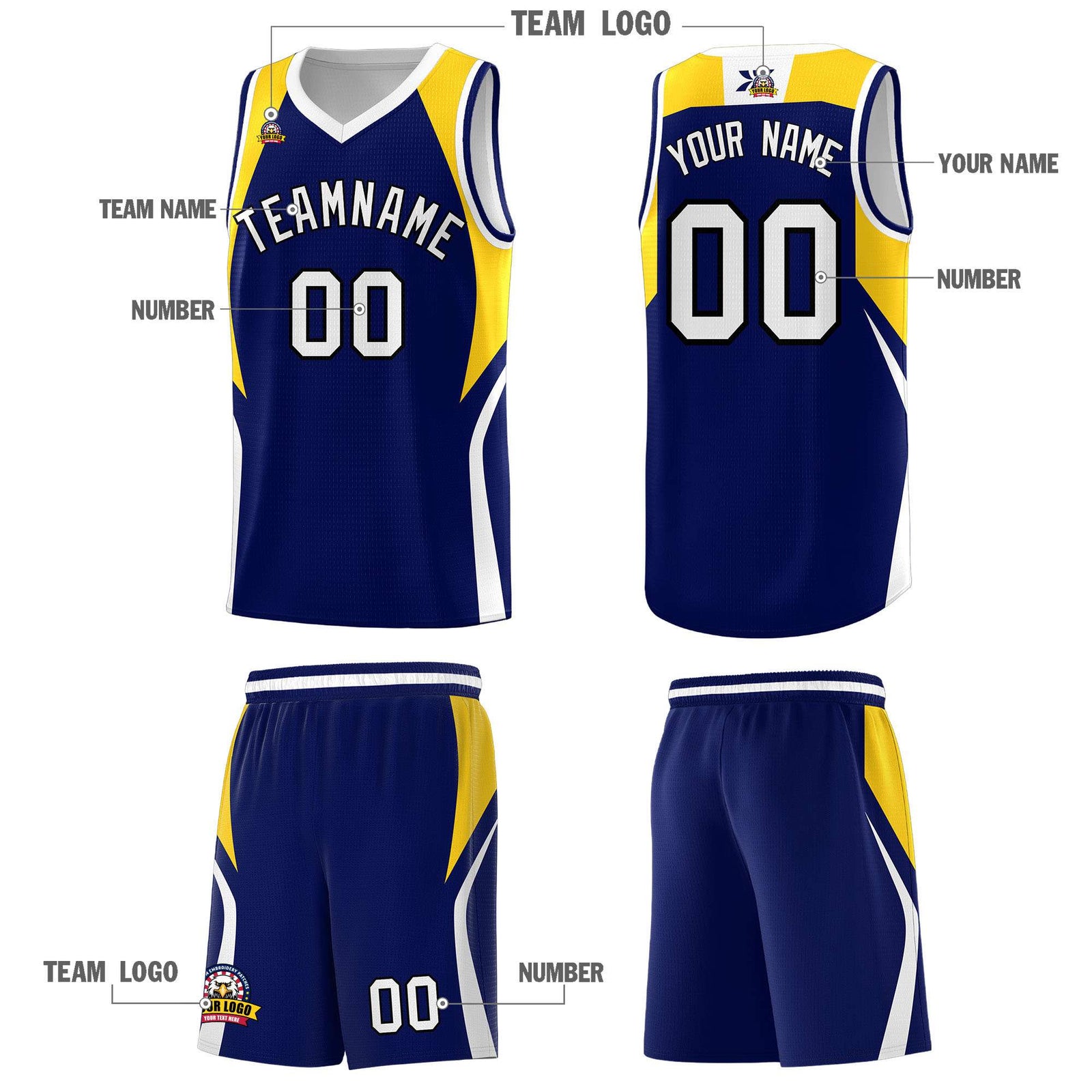 Custom Navy Gold and White Color Block Sports Uniform Basketball Jersey