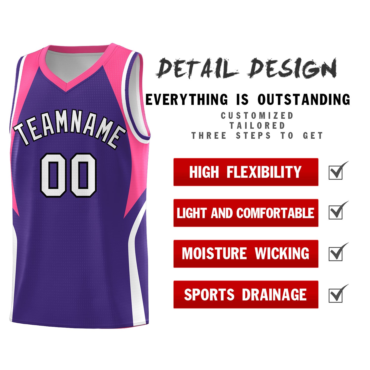 Custom Purple Pink and White Color Block Sports Uniform Basketball Jersey