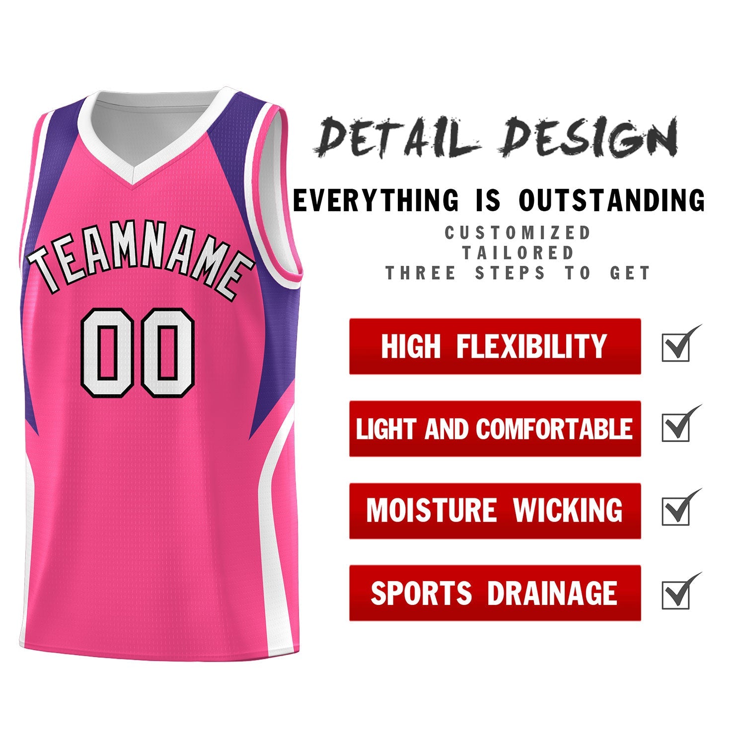 Custom Pink Purple and White Color Block Sports Uniform Basketball Jersey