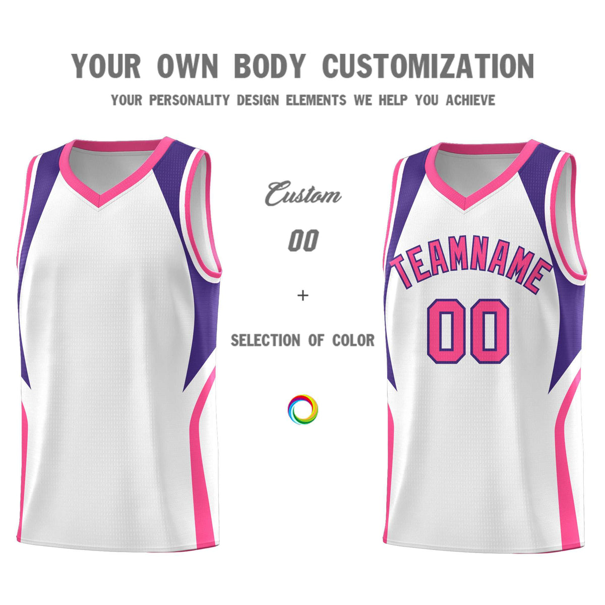 Custom White Purple and Pink Color Block Sports Uniform Basketball Jersey