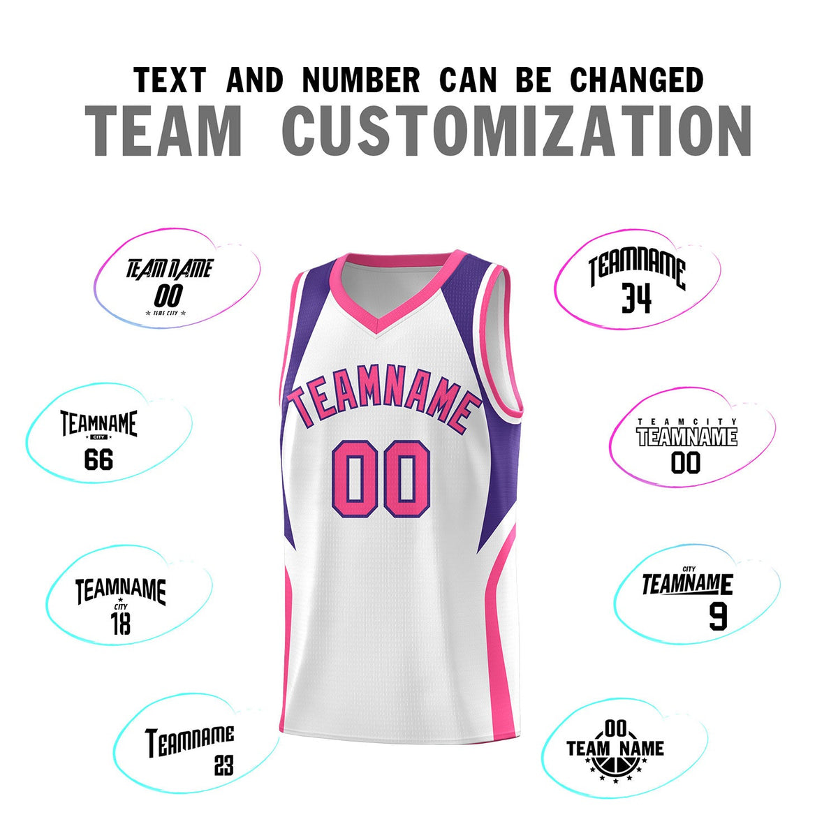 Custom White Purple and Pink Color Block Sports Uniform Basketball Jersey