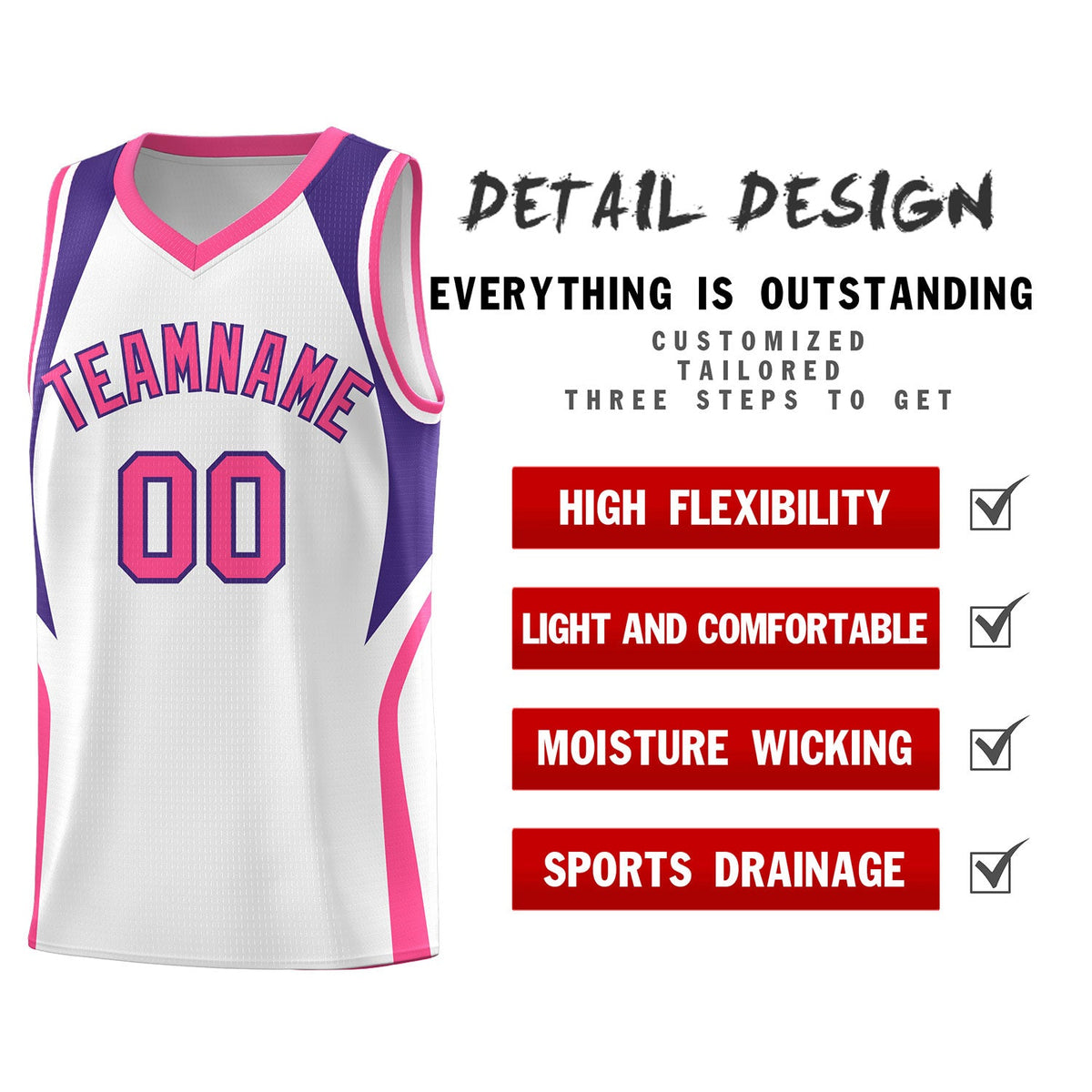 Custom White Purple and Pink Color Block Sports Uniform Basketball Jersey