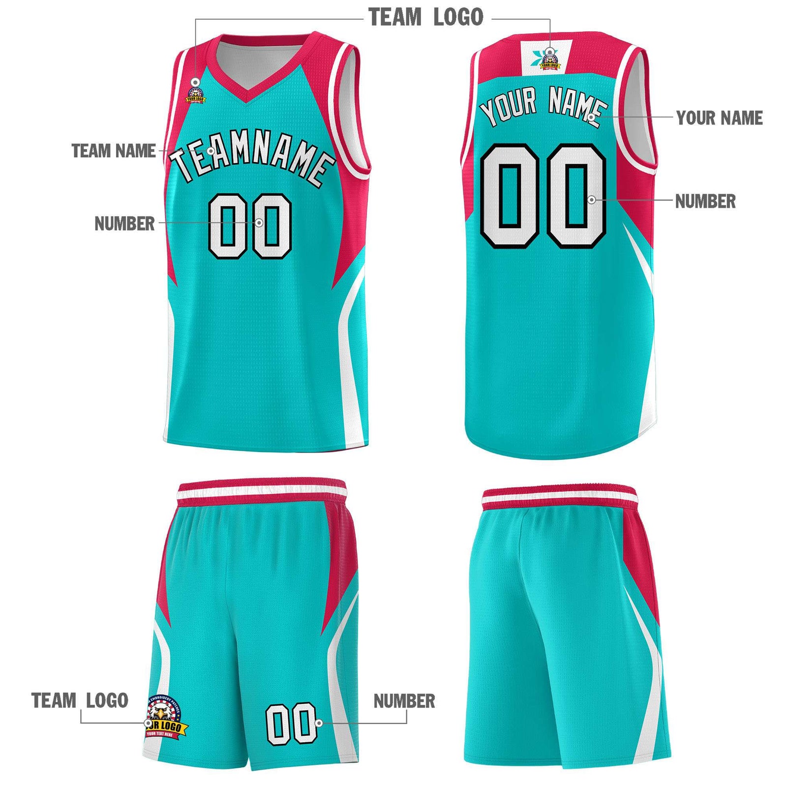 Custom Aqua Red and White Color Block Sports Uniform Basketball Jersey