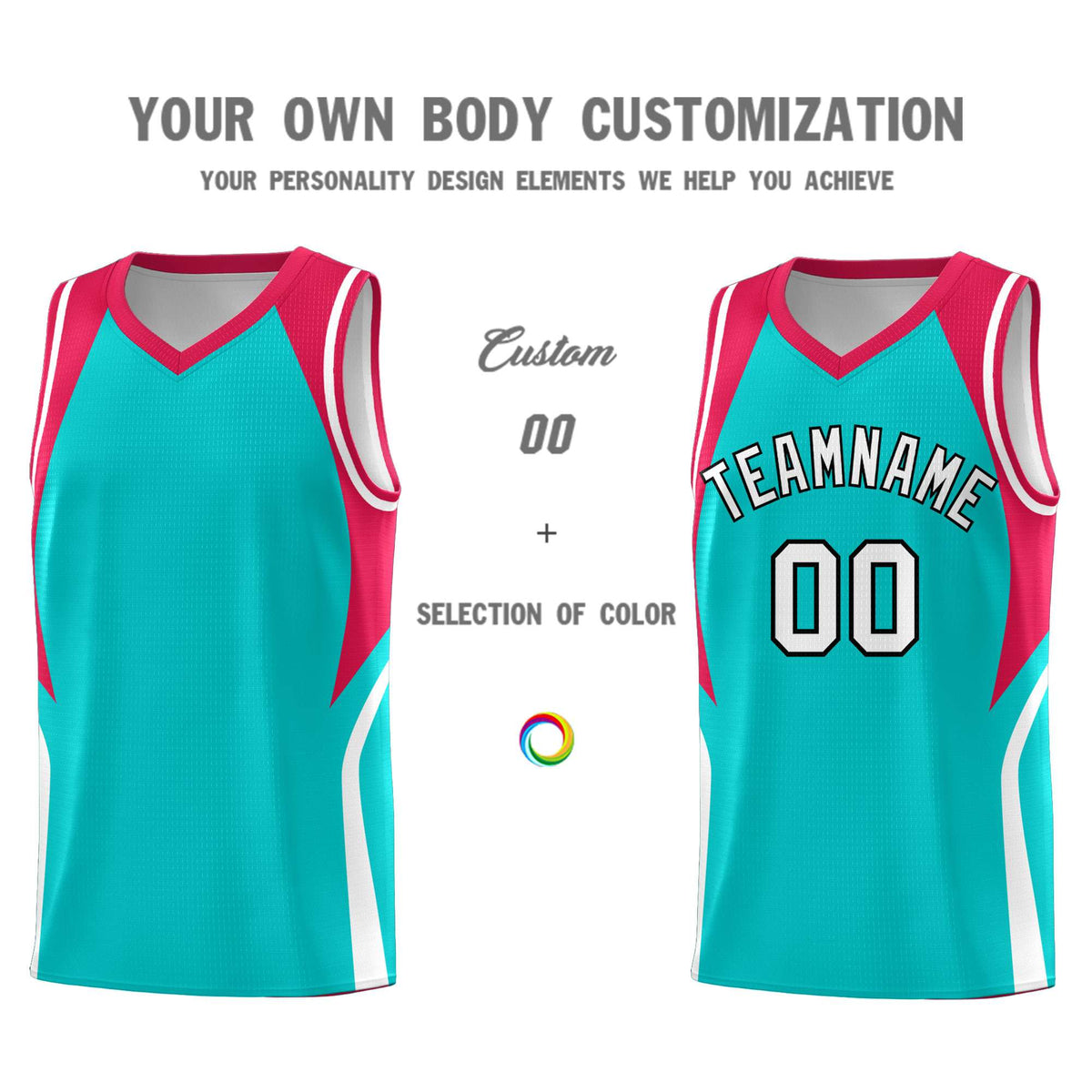 Custom Aqua Red and White Color Block Sports Uniform Basketball Jersey
