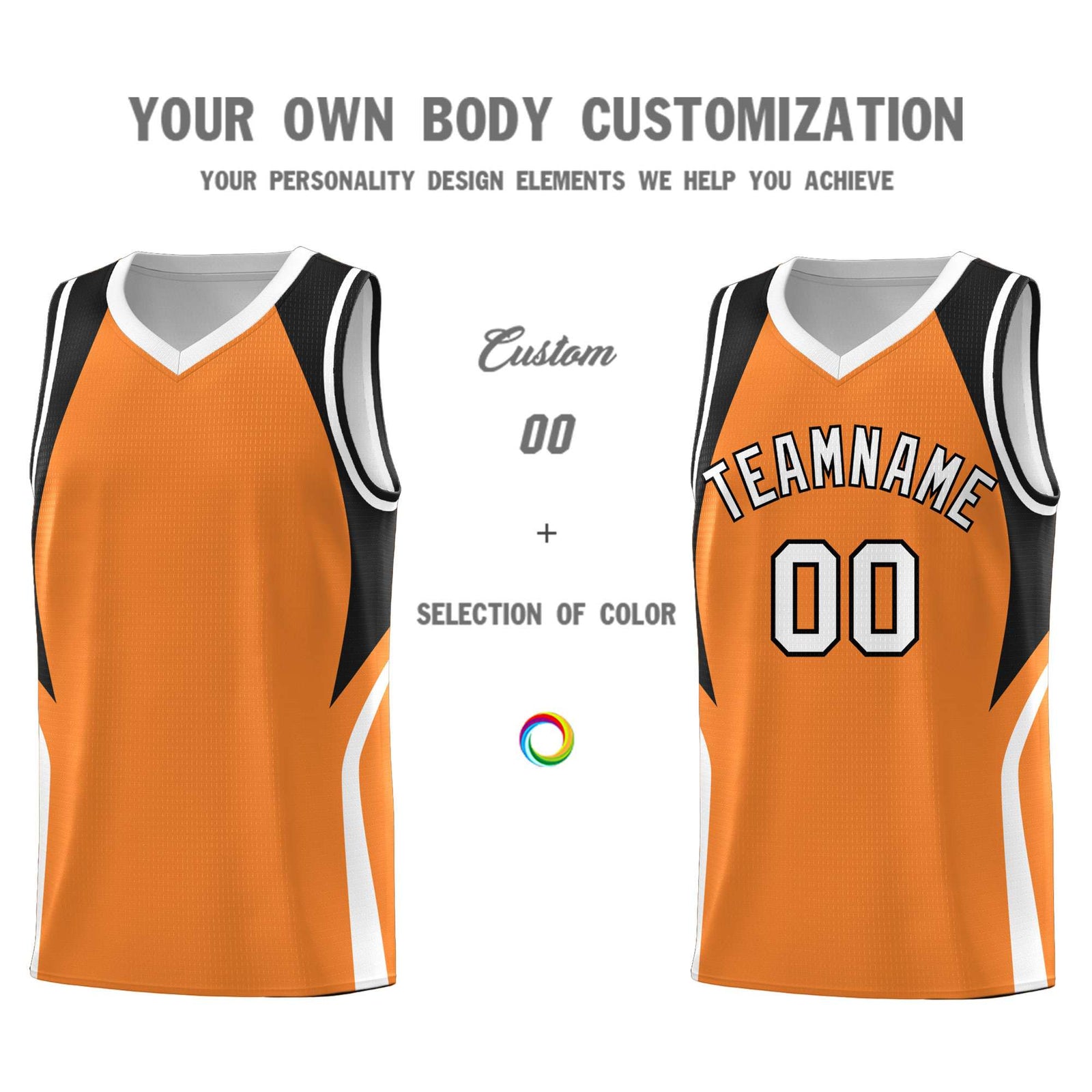 Custom Gold Orange Black and White Color Block Sports Uniform Basketball Jersey