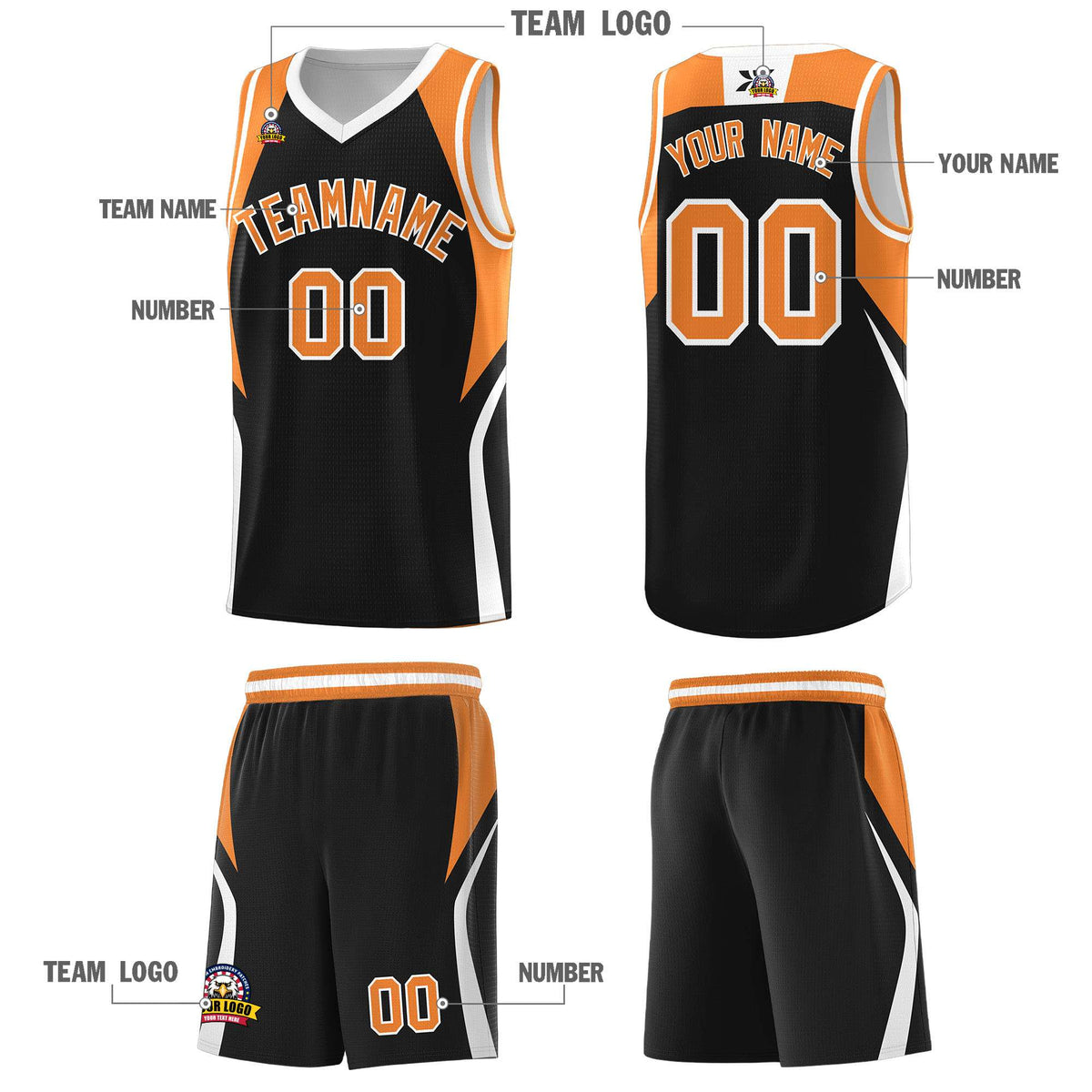 Custom Black Gold Orange and White Color Block Sports Uniform Basketball Jersey
