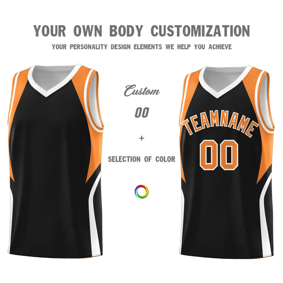 Custom Black Gold Orange and White Color Block Sports Uniform Basketball Jersey