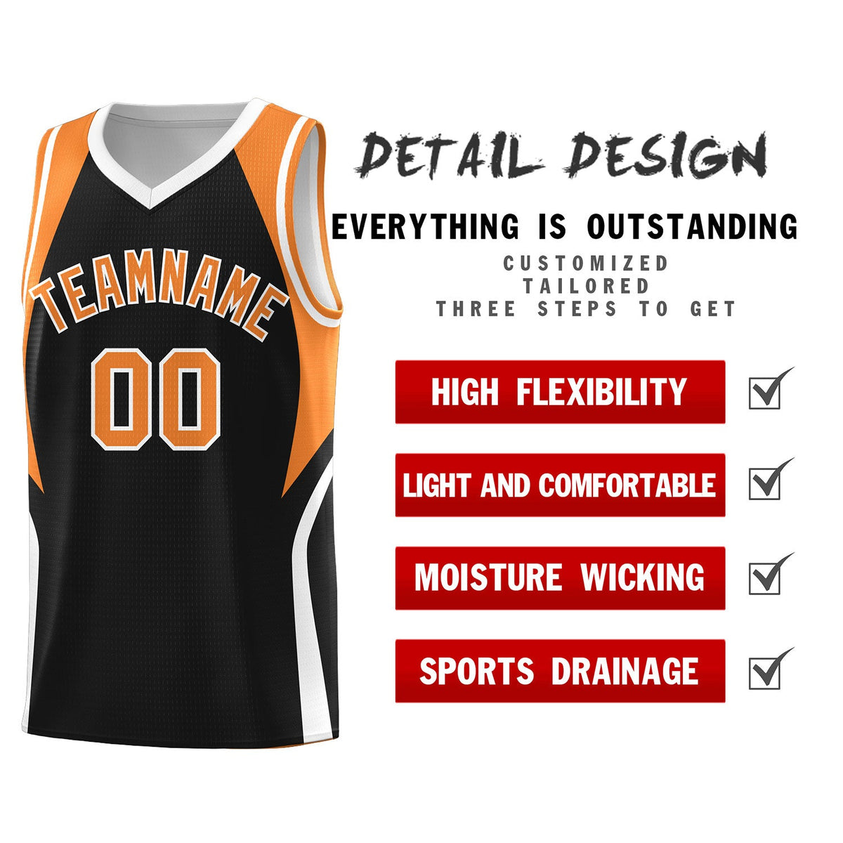 Custom Black Gold Orange and White Color Block Sports Uniform Basketball Jersey