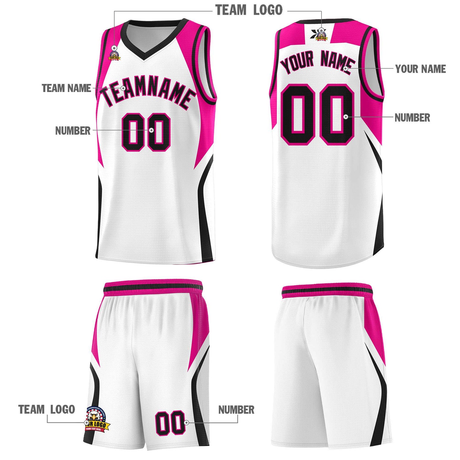 Custom White Pink and Black Color Block Sports Uniform Basketball Jersey