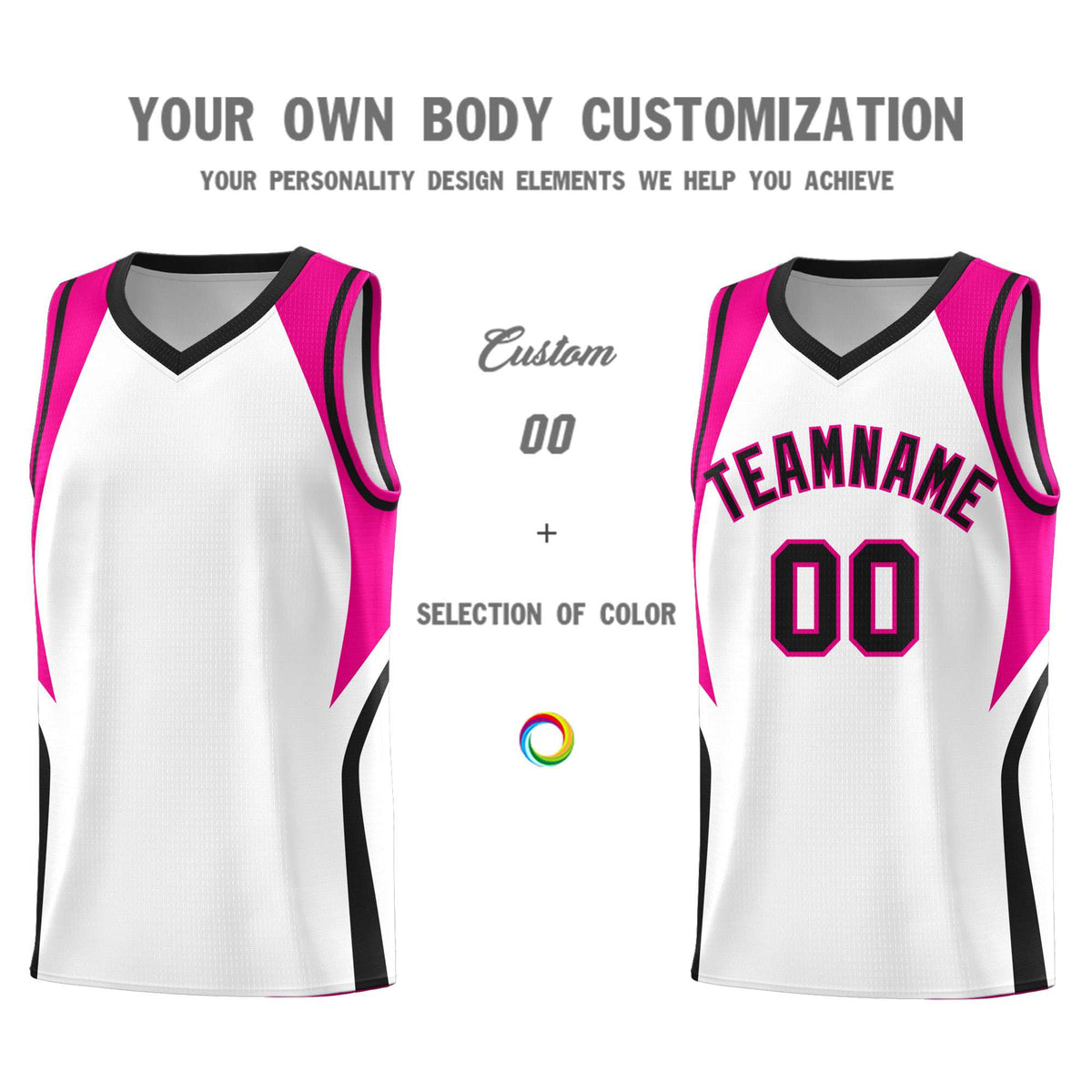 Custom White Pink and Black Color Block Sports Uniform Basketball Jersey