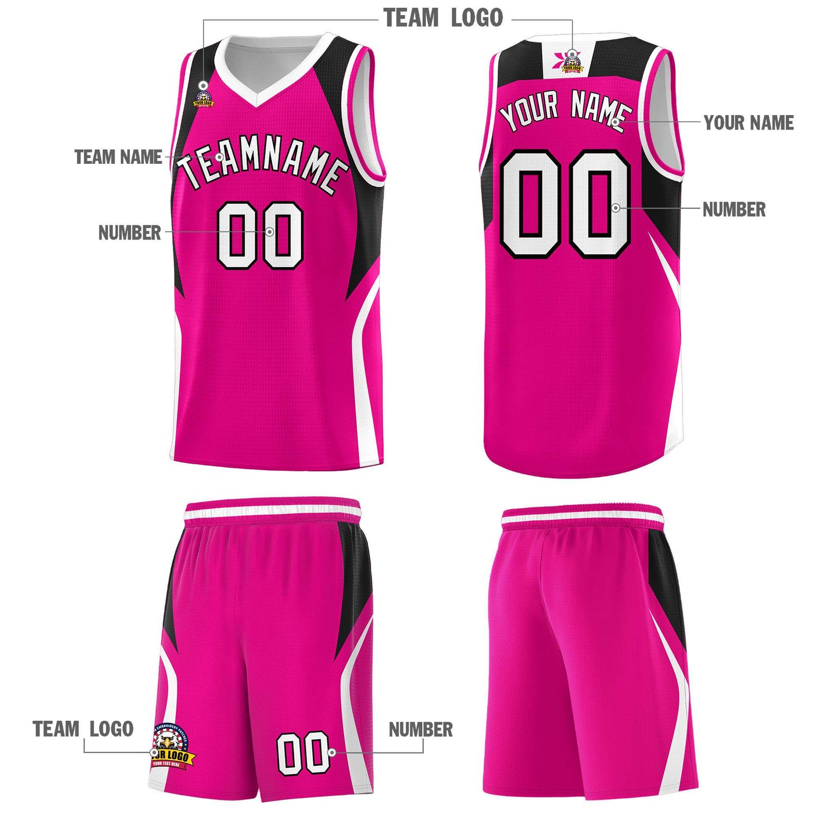 Custom Pink Black and White Color Block Sports Uniform Basketball Jersey
