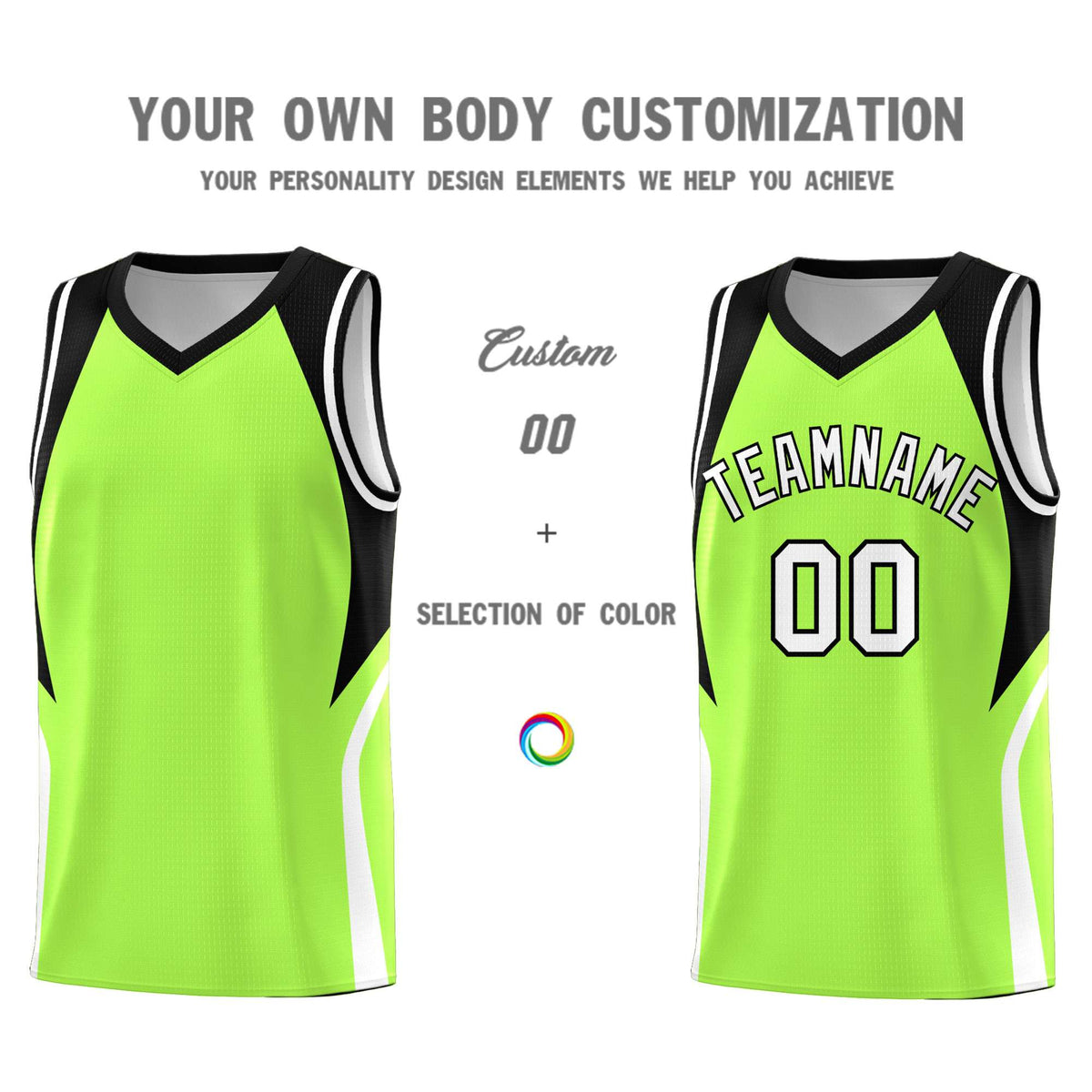 Custom Fluorescent Green Black and White Color Block Sports Uniform Basketball Jersey