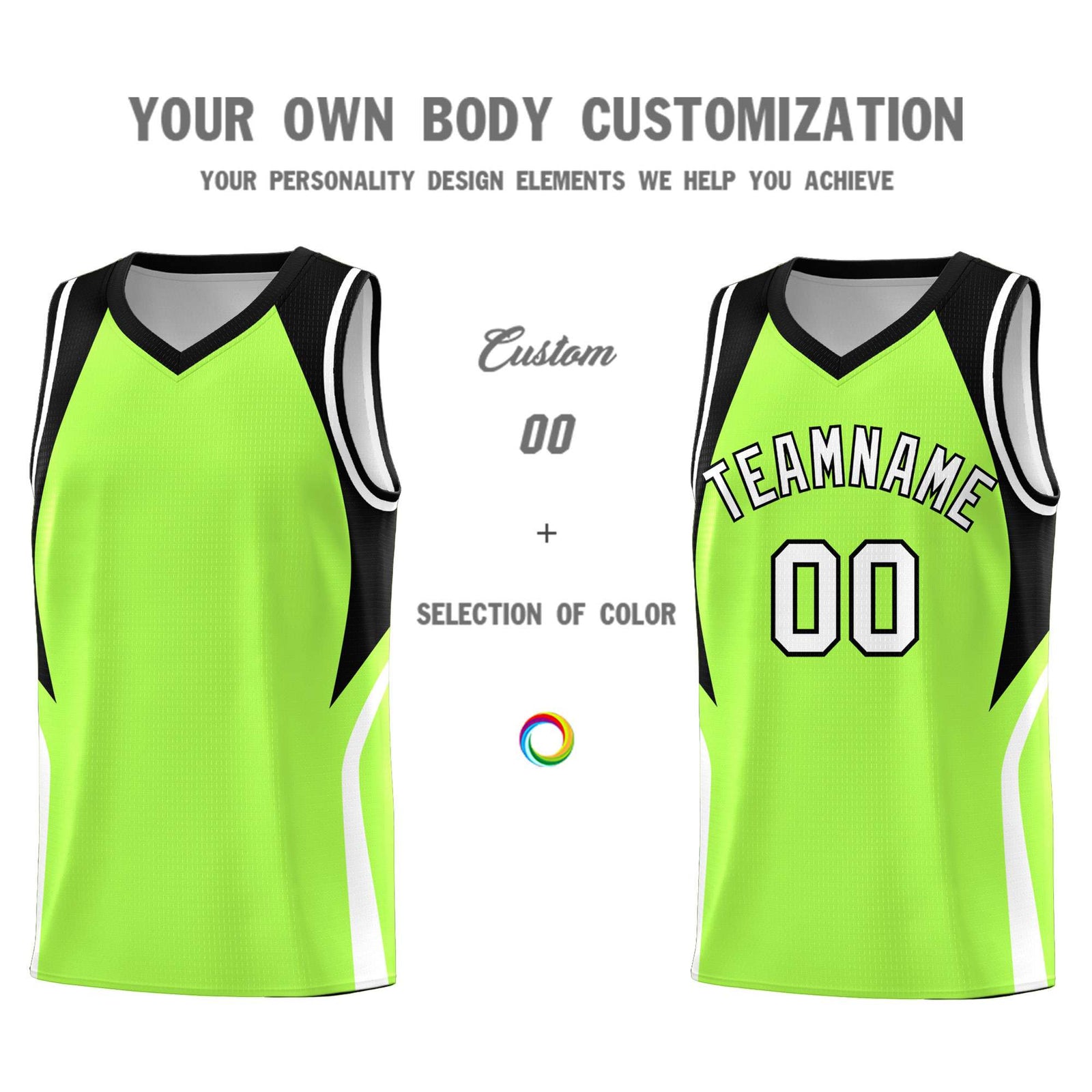 Custom Fluorescent Green Black and White Color Block Sports Uniform Basketball Jersey