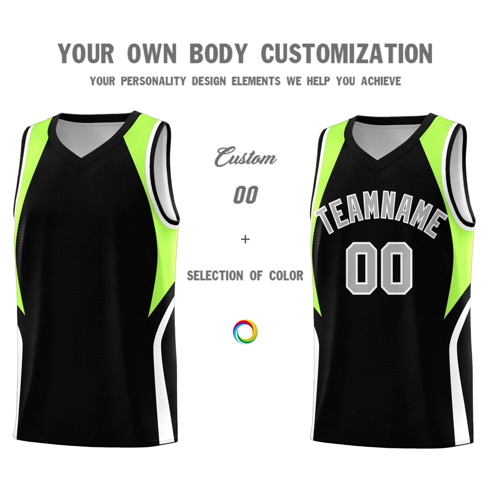 Custom Black Fluorescent Green and White Color Block Sports Uniform Basketball Jersey