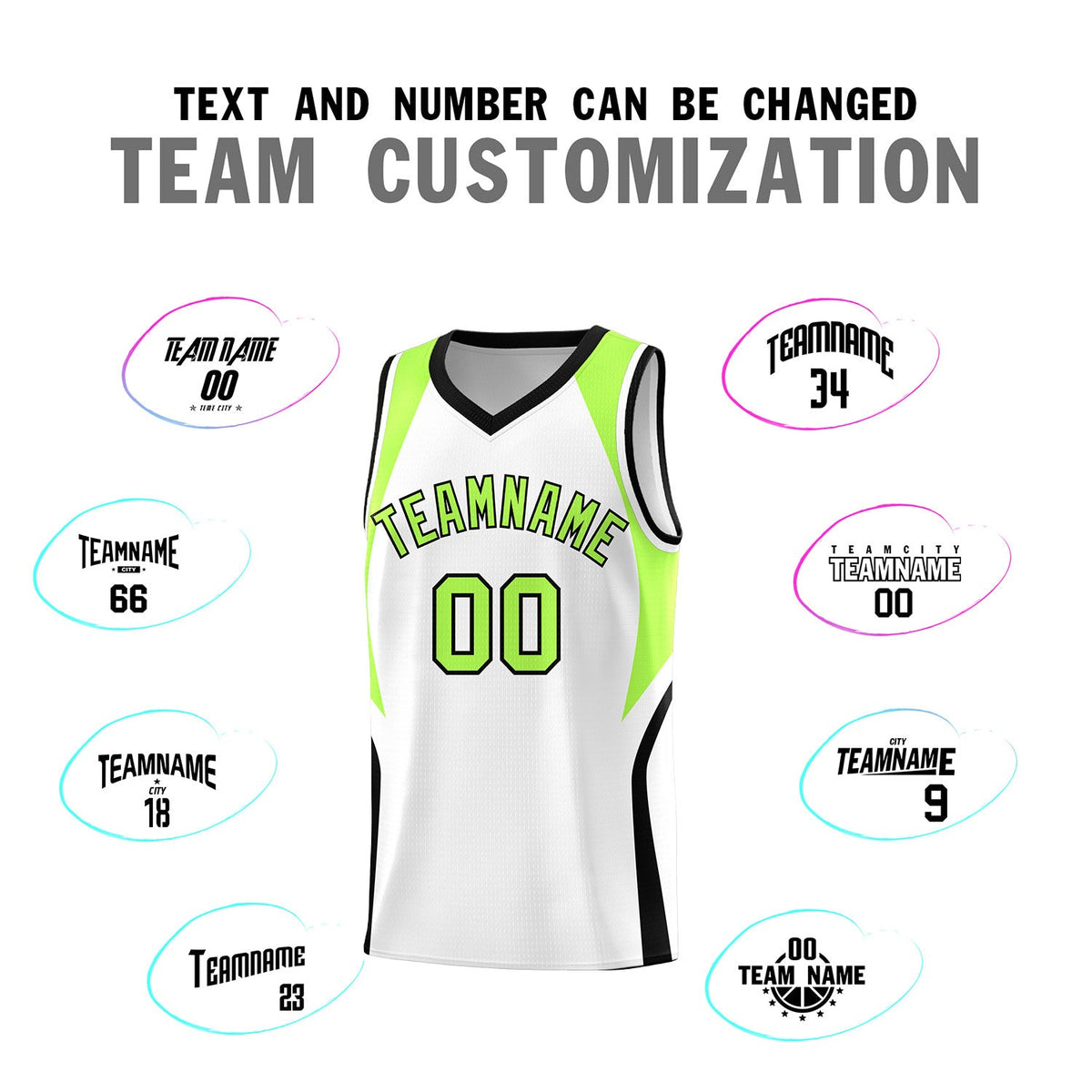 Custom White Fluorescent Green and Black Color Block Sports Uniform Basketball Jersey