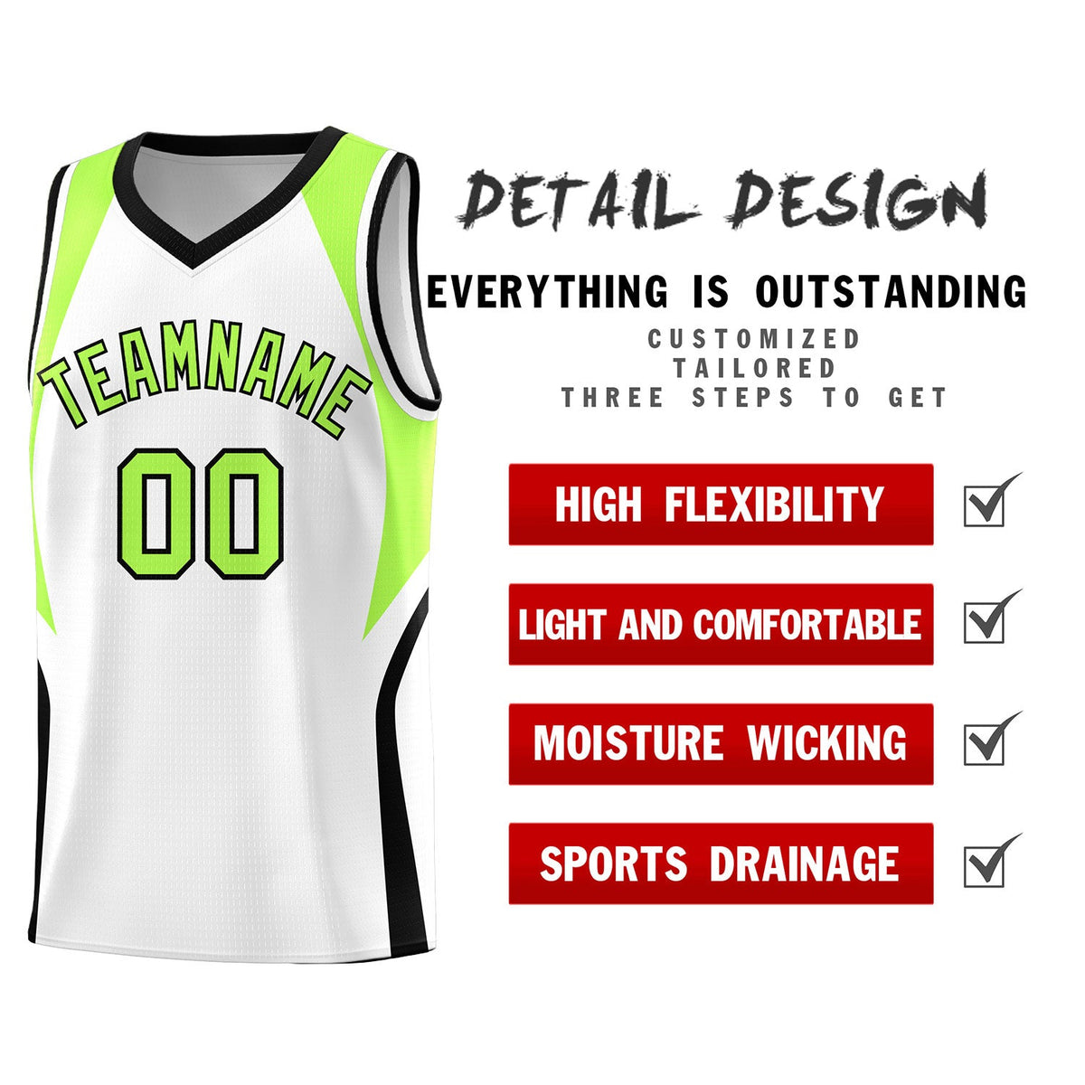 Custom White Fluorescent Green and Black Color Block Sports Uniform Basketball Jersey