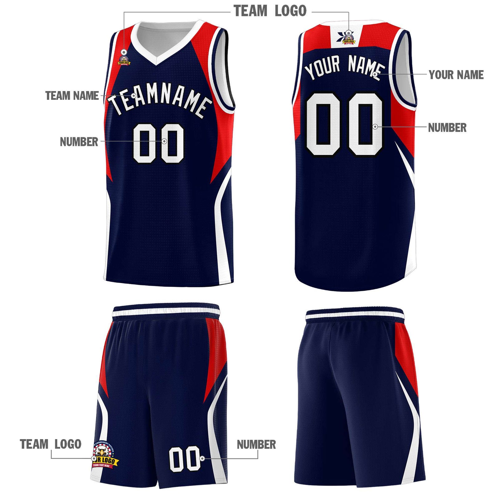 Custom Navy Red and White Color Block Sports Uniform Basketball Jersey