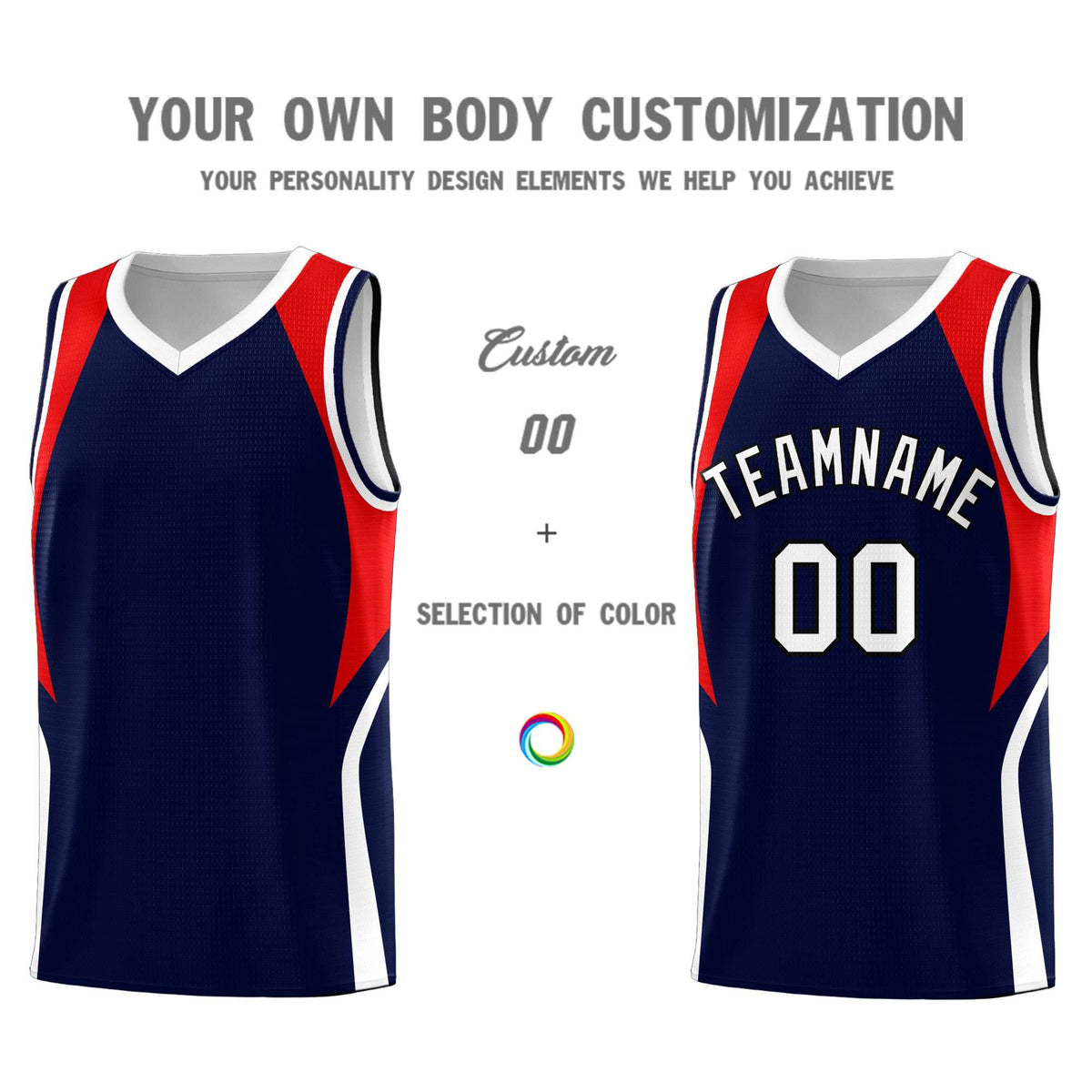 Custom Navy Red and White Color Block Sports Uniform Basketball Jersey