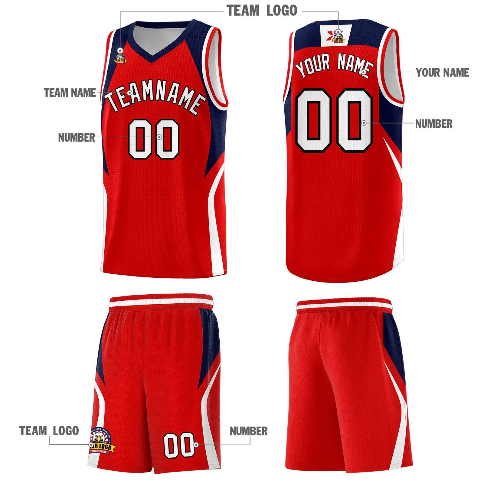 Custom Red Navy and White Color Block Sports Uniform Basketball Jersey