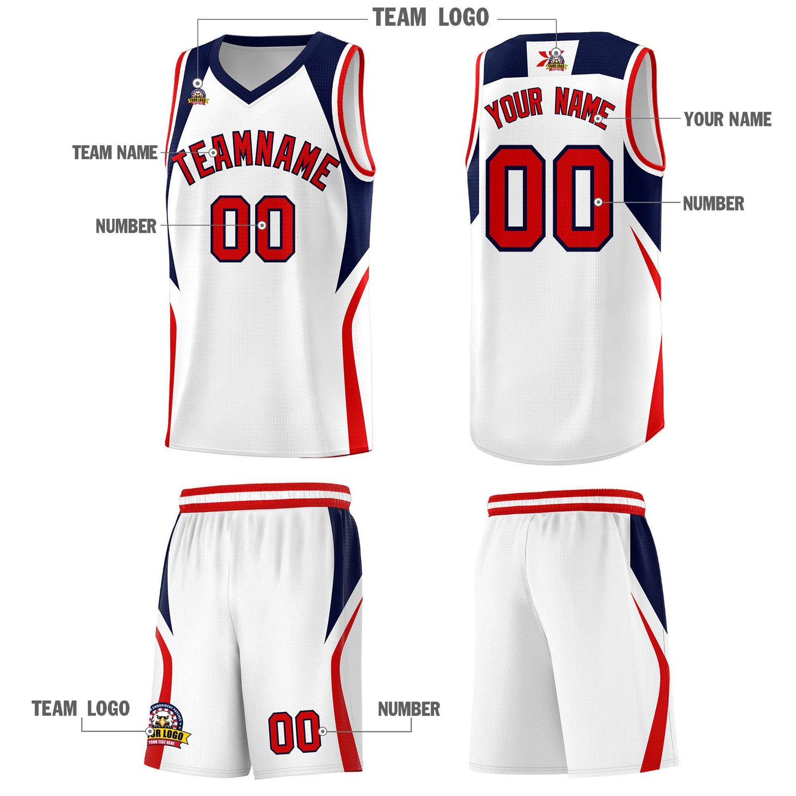 Custom White Navy and Red Color Block Sports Uniform Basketball Jersey