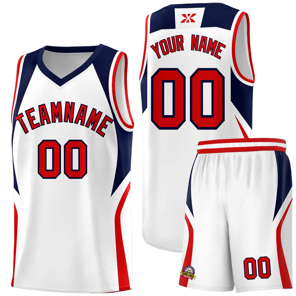 Custom White Navy and Red Color Block Sports Uniform Basketball Jersey