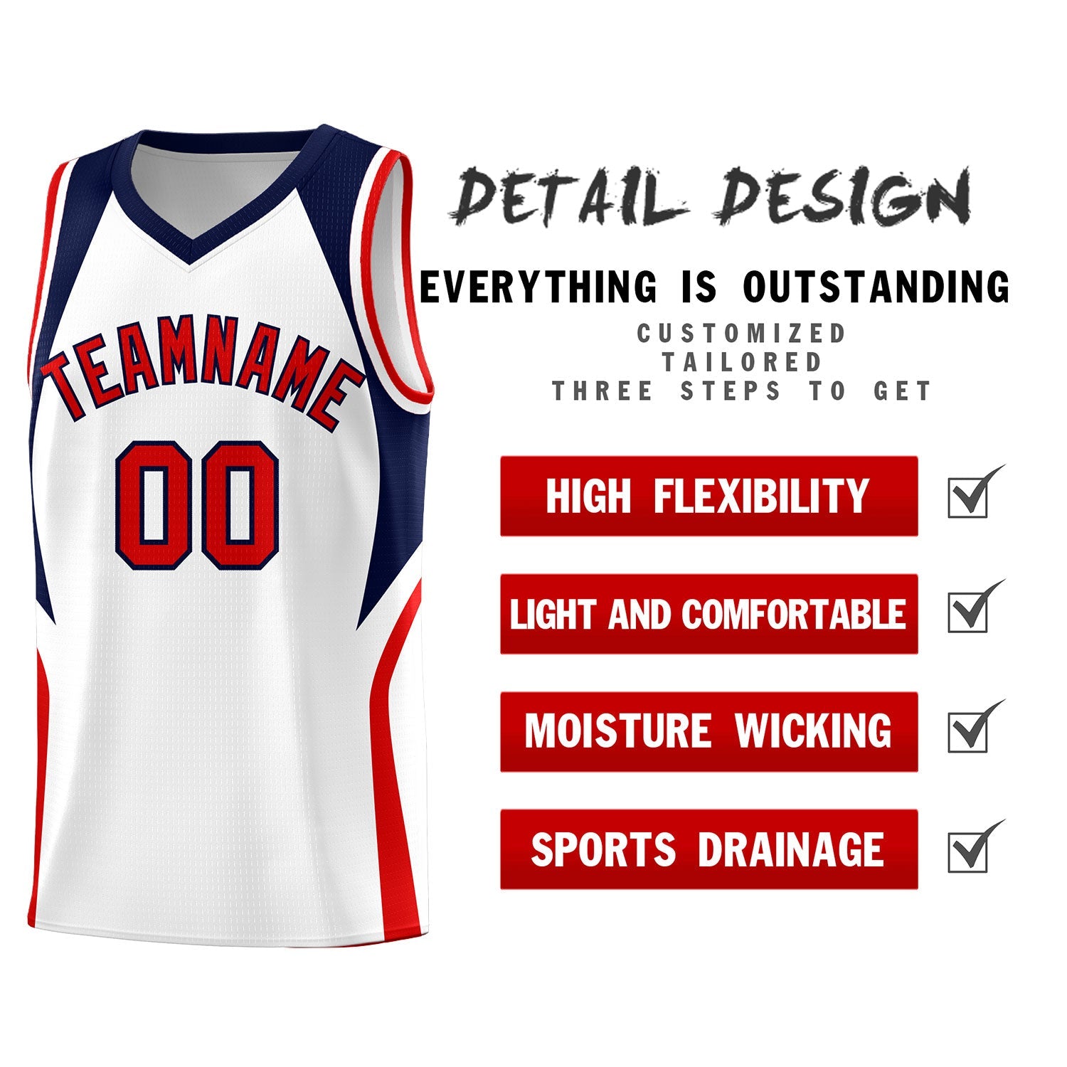 Custom White Navy and Red Color Block Sports Uniform Basketball Jersey