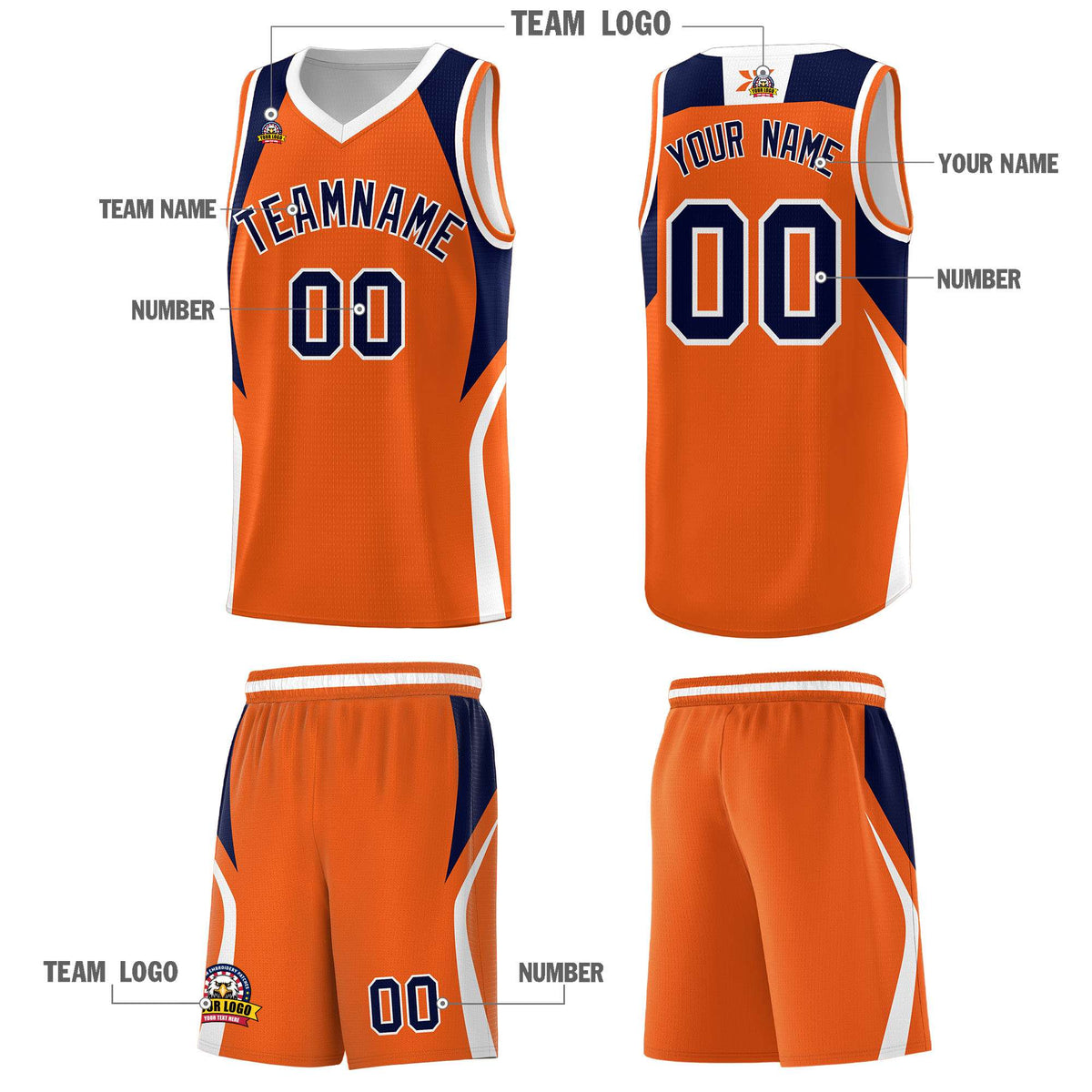 Custom Orange Navy and White Color Block Sports Uniform Basketball Jersey