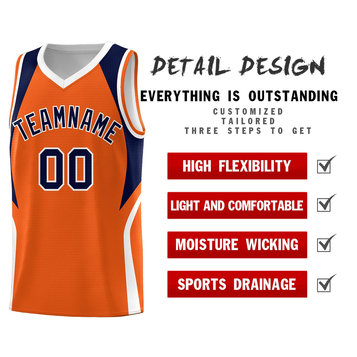 Custom Orange Navy and White Color Block Sports Uniform Basketball Jersey