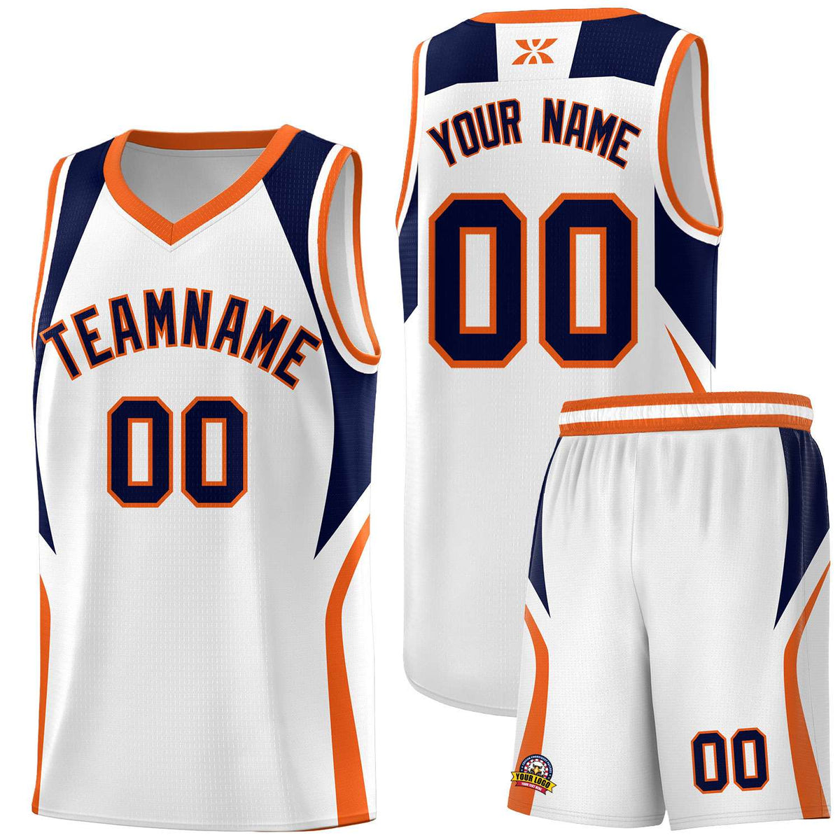 Custom White Navy and Orange Color Block Sports Uniform Basketball Jersey