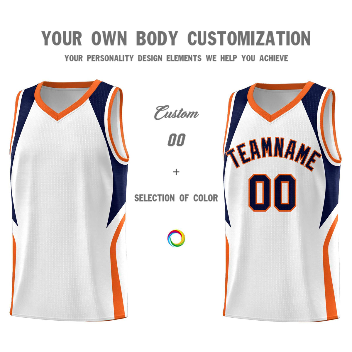 Custom White Navy and Orange Color Block Sports Uniform Basketball Jersey